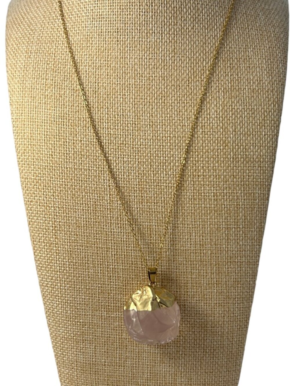 Large Raw Rose Quartz Pendant Necklace Gold Tone Chain Boho Statement Natural